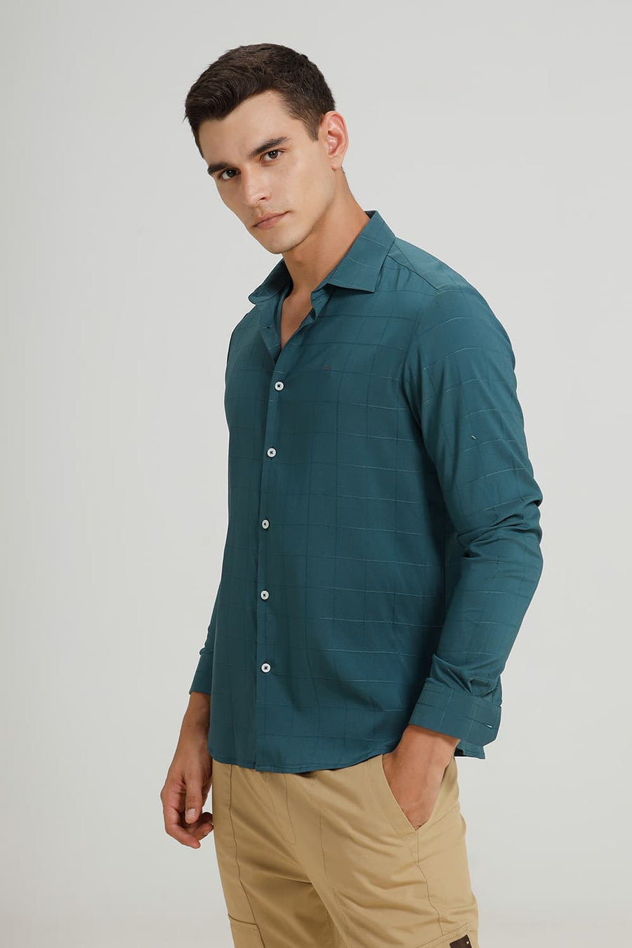 BASICS SLIM FIT GREEN SEA VISCOSE POLYESTER STRETCH CHECKS SHIRT