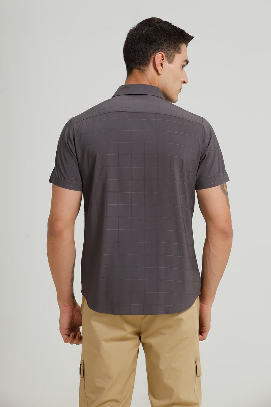 BASICS SLIM FIT ASPHALT GREY VISCOSE POLYESTER STRETCH SELF CHECKS HALFSLEEVES SHIRT