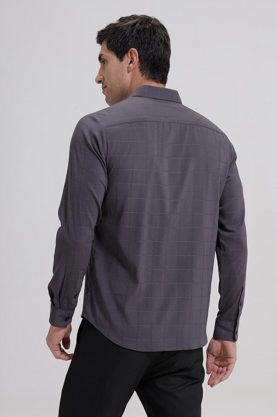 BASICS SLIM FIT GREY THUNDERSTORM VISCOSE POLYESTER STRETCH CHECKS SHIRT
