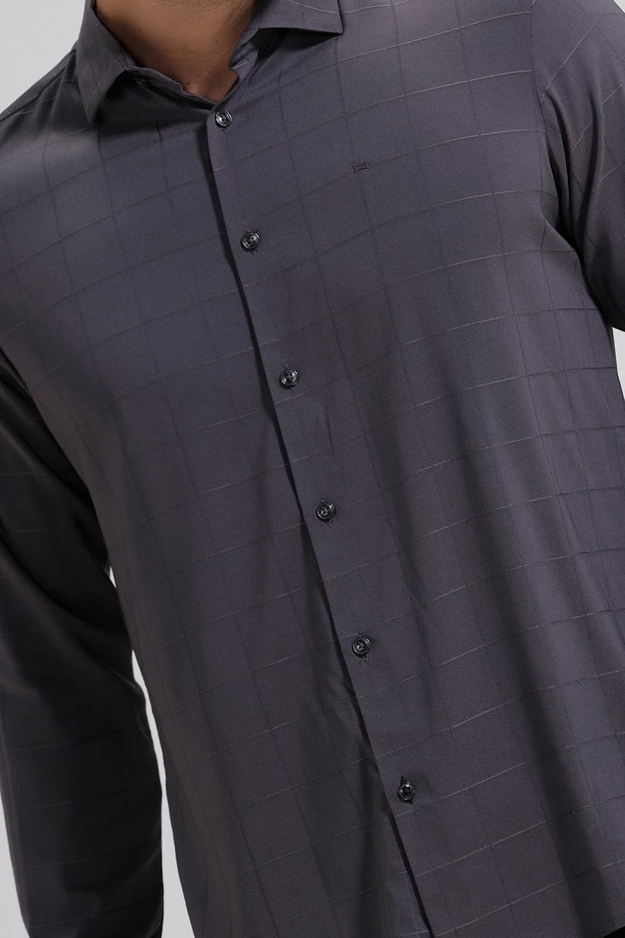 BASICS SLIM FIT GREY THUNDERSTORM VISCOSE POLYESTER STRETCH CHECKS SHIRT