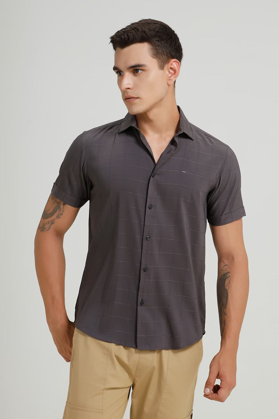 BASICS SLIM FIT ASPHALT GREY VISCOSE POLYESTER STRETCH SELF CHECKS HALFSLEEVES SHIRT