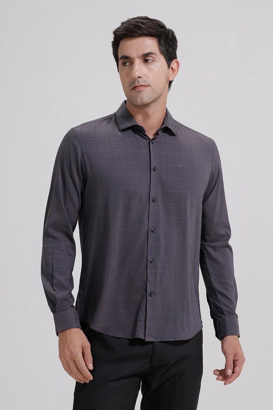 BASICS SLIM FIT GREY THUNDERSTORM VISCOSE POLYESTER STRETCH CHECKS SHIRT