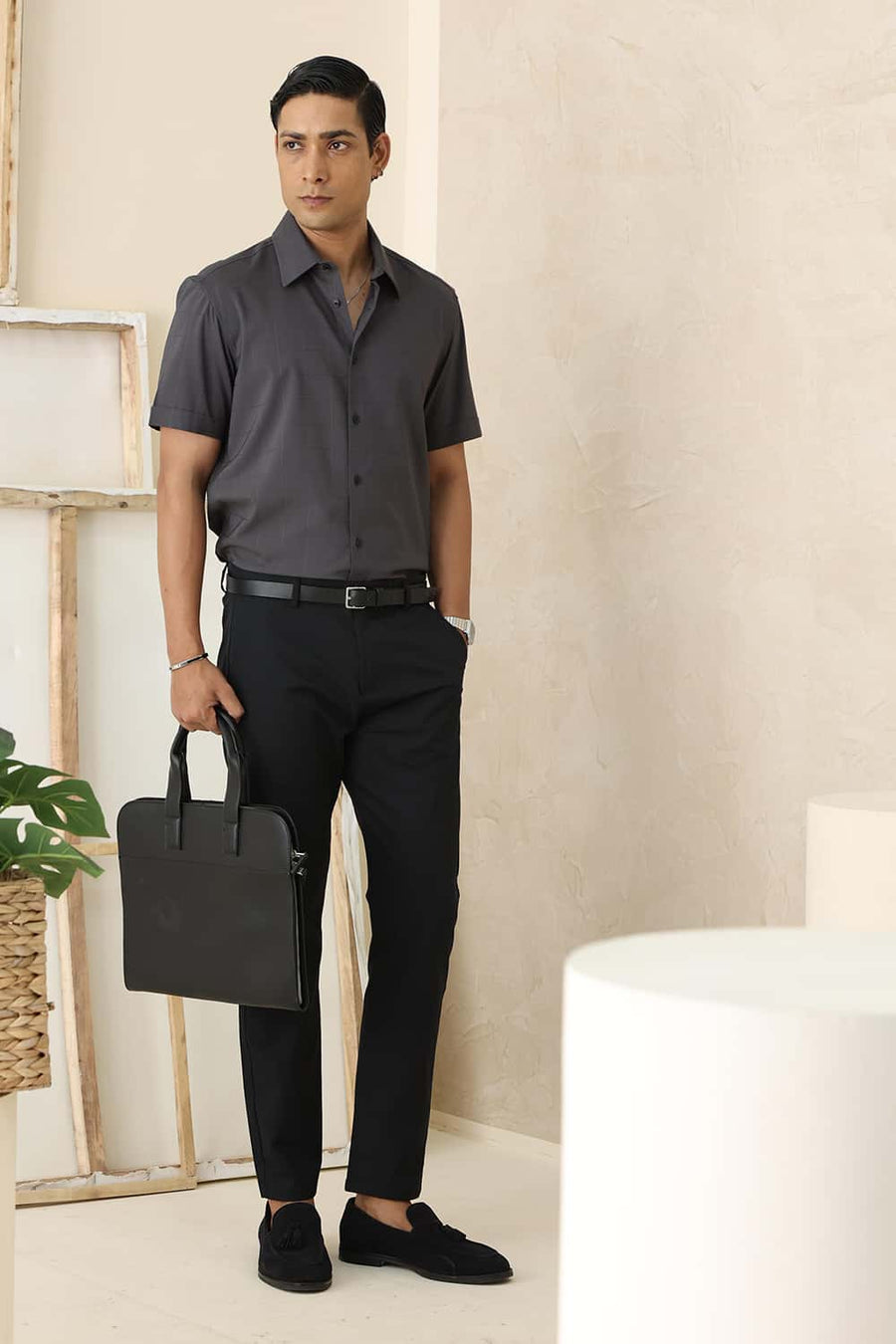 Basics Slim Fit Asphalt Grey Viscose Polyester Stretch Self Checks Halfsleeves Shirt