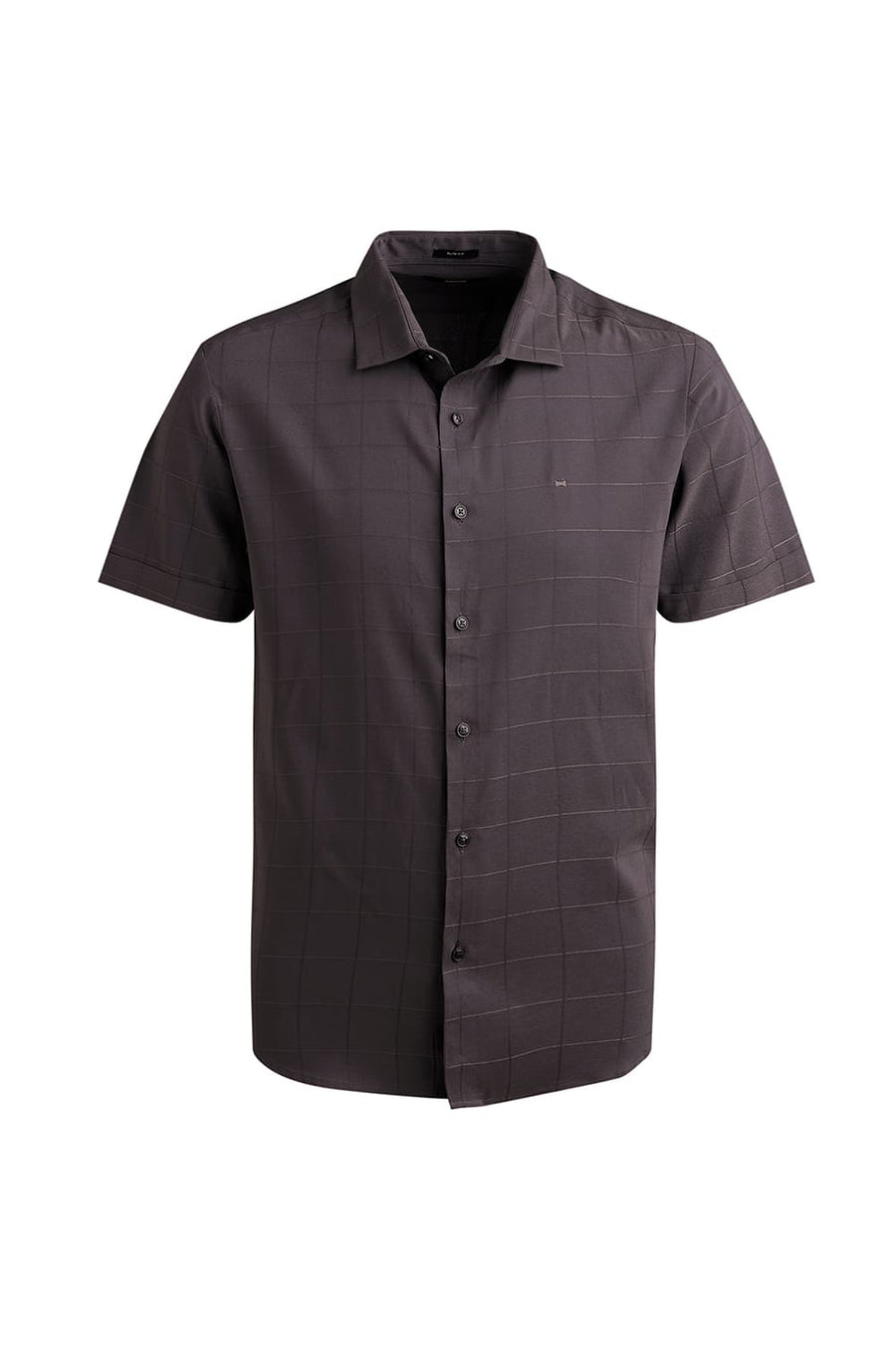 BASICS SLIM FIT ASPHALT GREY VISCOSE POLYESTER STRETCH SELF CHECKS HALFSLEEVES SHIRT