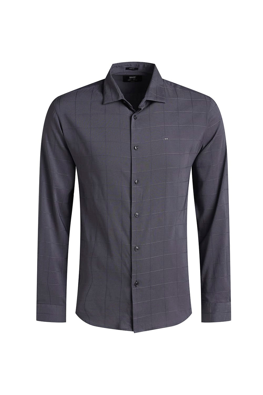 BASICS SLIM FIT GREY THUNDERSTORM VISCOSE POLYESTER STRETCH CHECKS SHIRT