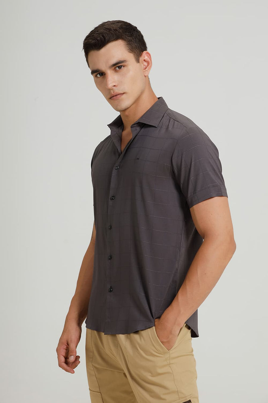 BASICS SLIM FIT ASPHALT GREY VISCOSE POLYESTER STRETCH SELF CHECKS HALFSLEEVES SHIRT