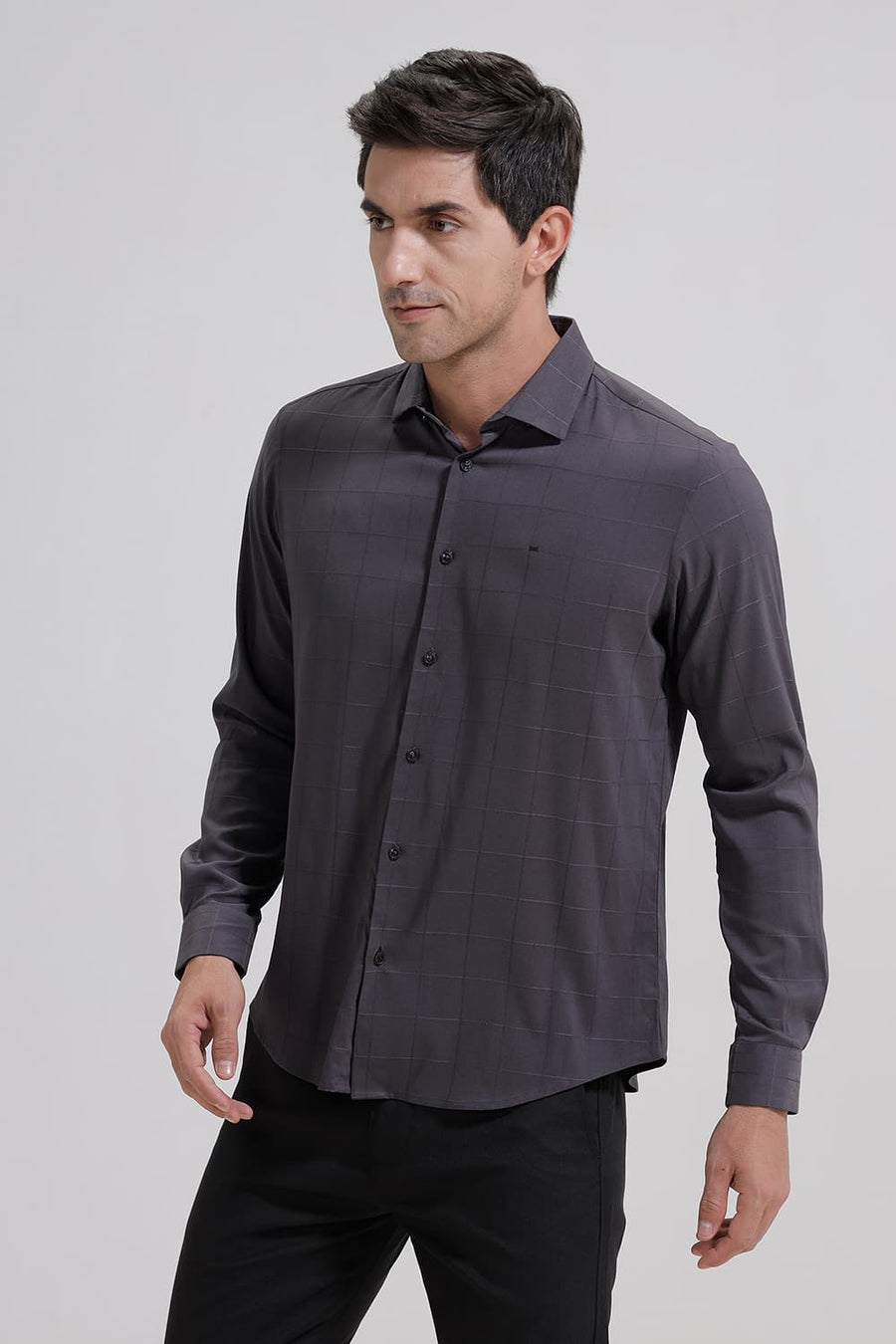 BASICS SLIM FIT GREY THUNDERSTORM VISCOSE POLYESTER STRETCH CHECKS SHIRT