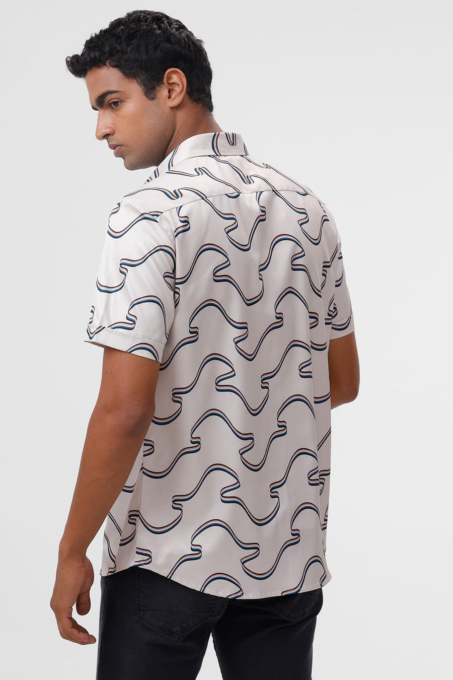BASICS SLIM FIT BIRCH BEIGE POLYESTER STRETCH TWILL PRINTED HALFSLEEVES SHIRT