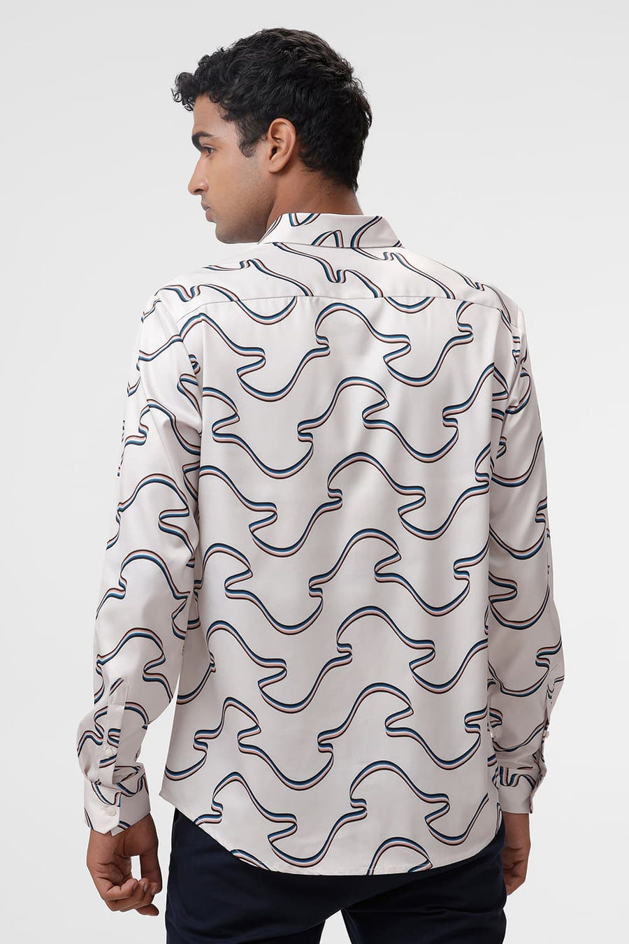 BASICS SLIM FIT BIRCH BEIGE POLYESTER STRETCH TWILL PRINTED SHIRT