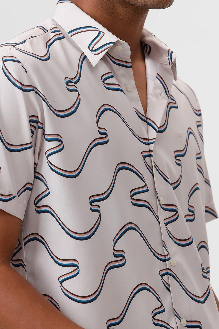 BASICS SLIM FIT BIRCH BEIGE POLYESTER STRETCH TWILL PRINTED HALFSLEEVES SHIRT