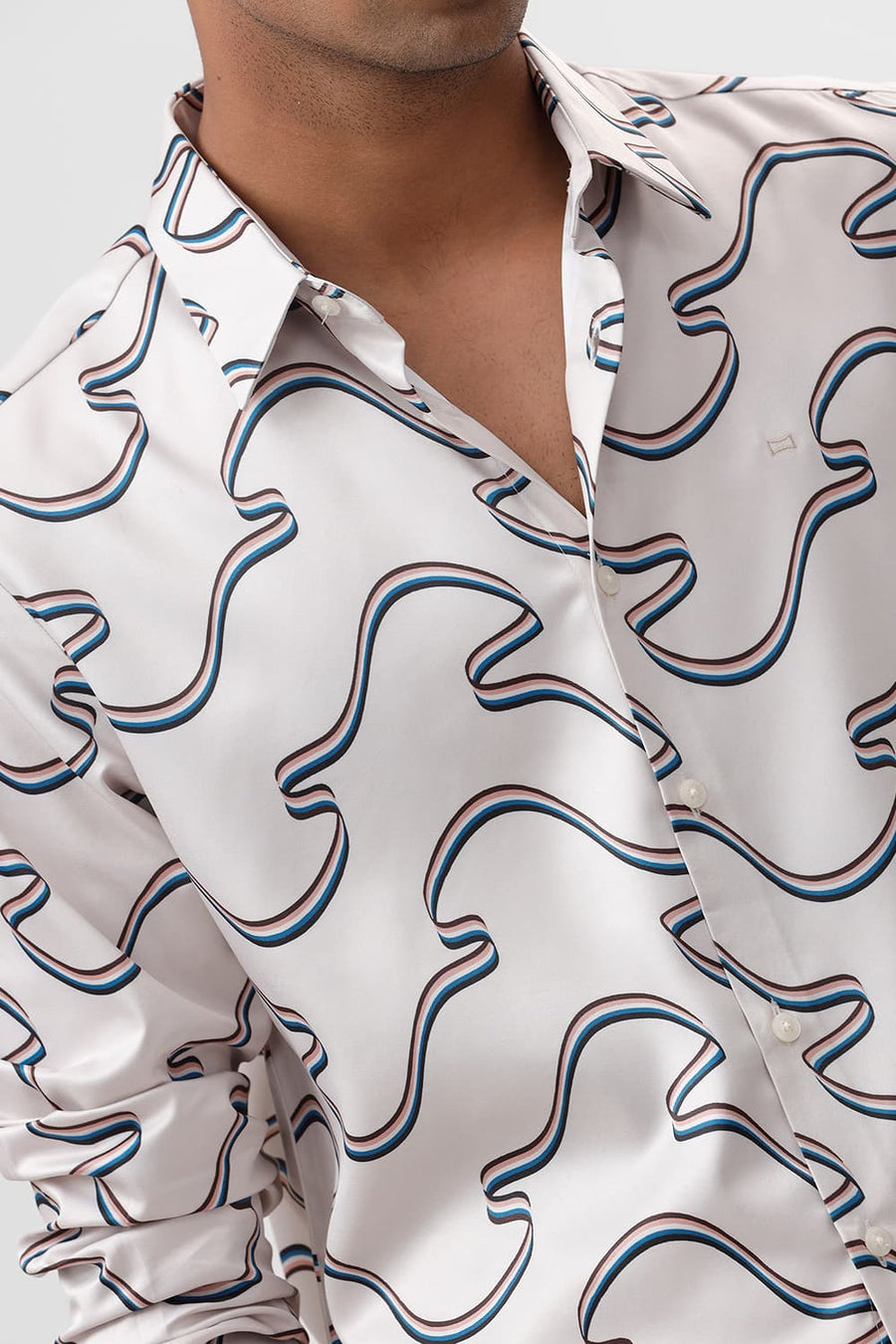 BASICS SLIM FIT BIRCH BEIGE POLYESTER STRETCH TWILL PRINTED SHIRT