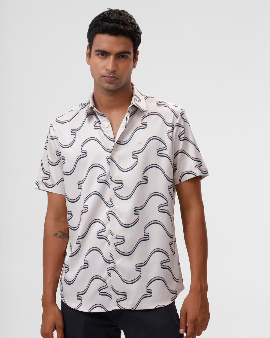 BASICS SLIM FIT BIRCH BEIGE POLYESTER STRETCH TWILL PRINTED HALFSLEEVES SHIRT