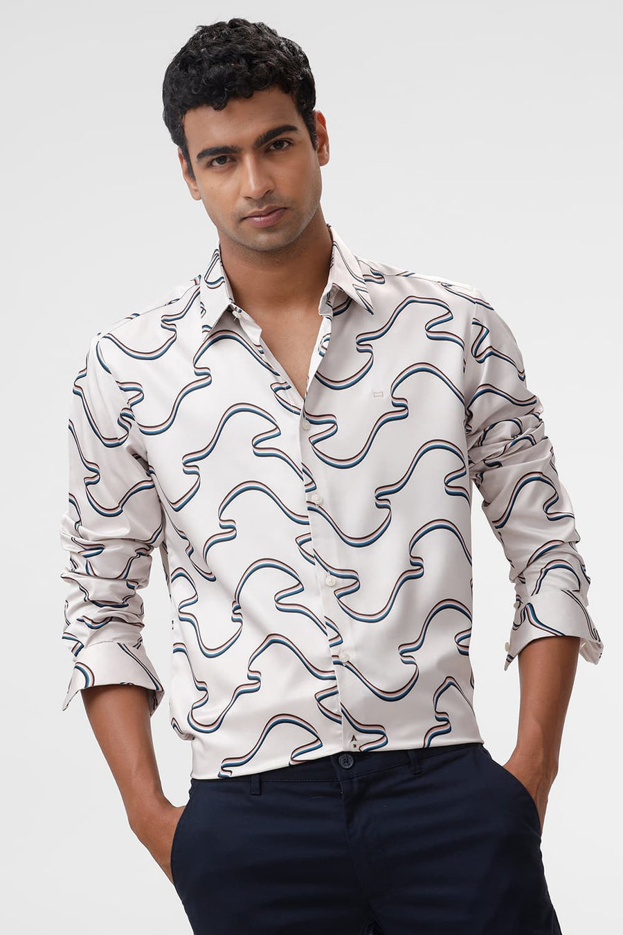 BASICS SLIM FIT BIRCH BEIGE POLYESTER STRETCH TWILL PRINTED SHIRT