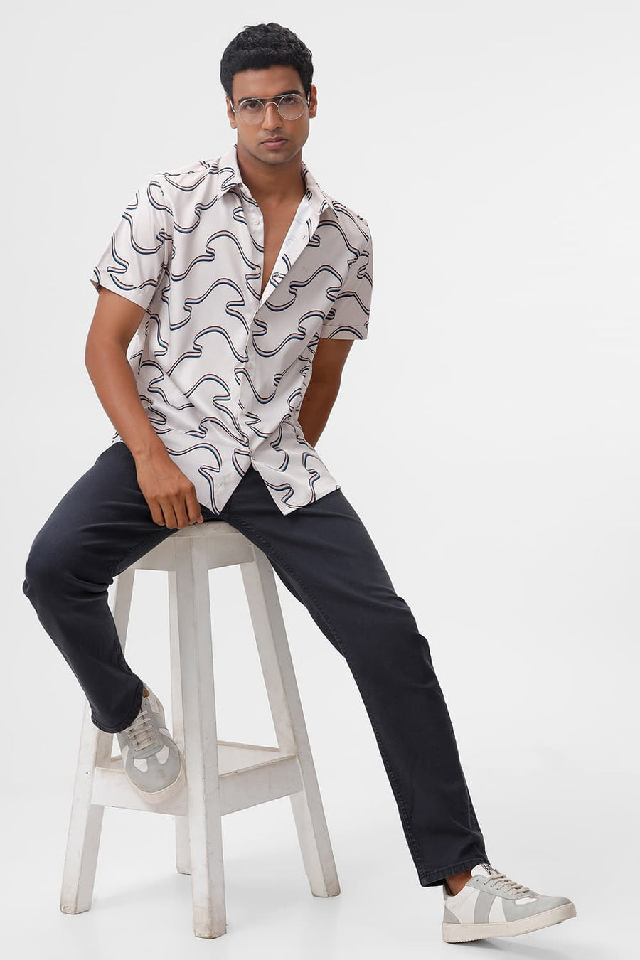 BASICS SLIM FIT BIRCH BEIGE POLYESTER STRETCH TWILL PRINTED HALFSLEEVES SHIRT