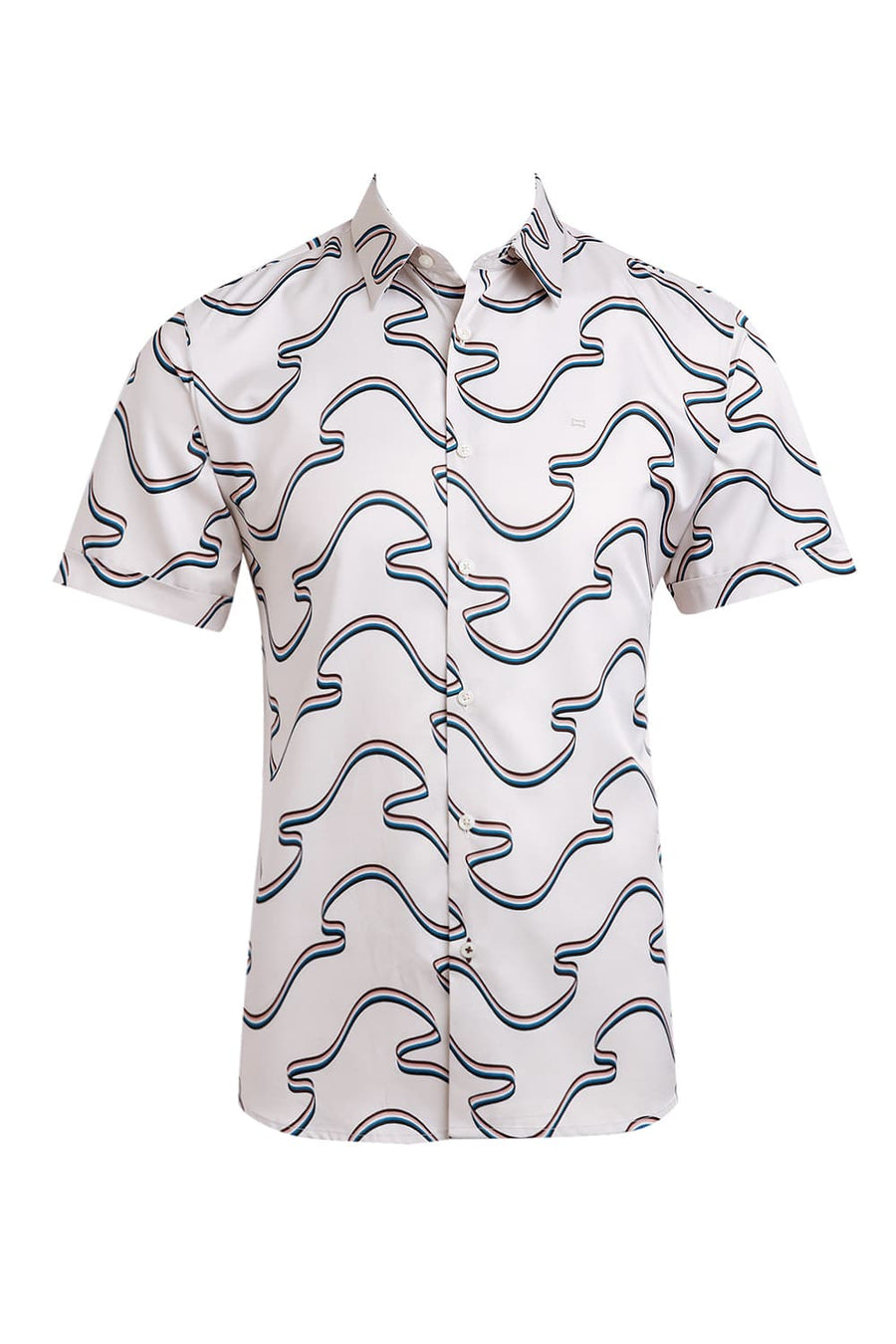 BASICS SLIM FIT BIRCH BEIGE POLYESTER STRETCH TWILL PRINTED HALFSLEEVES SHIRT