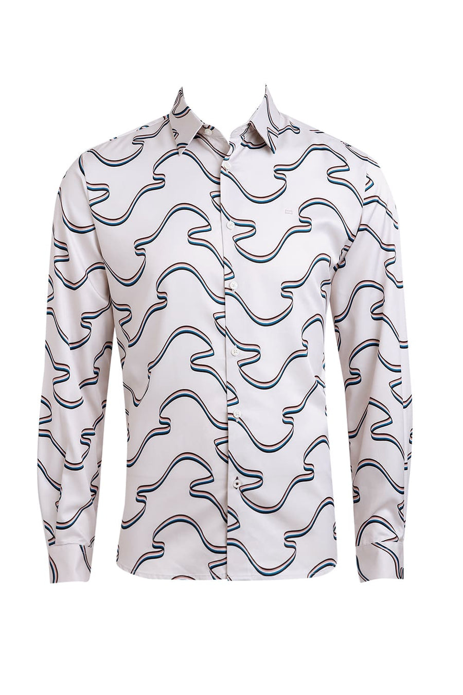 BASICS SLIM FIT BIRCH BEIGE POLYESTER STRETCH TWILL PRINTED SHIRT