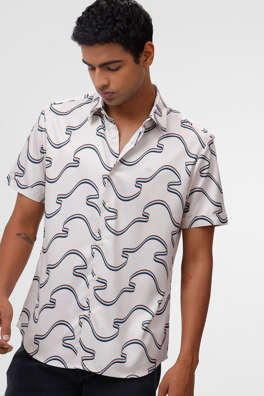 BASICS SLIM FIT BIRCH BEIGE POLYESTER STRETCH TWILL PRINTED HALFSLEEVES SHIRT