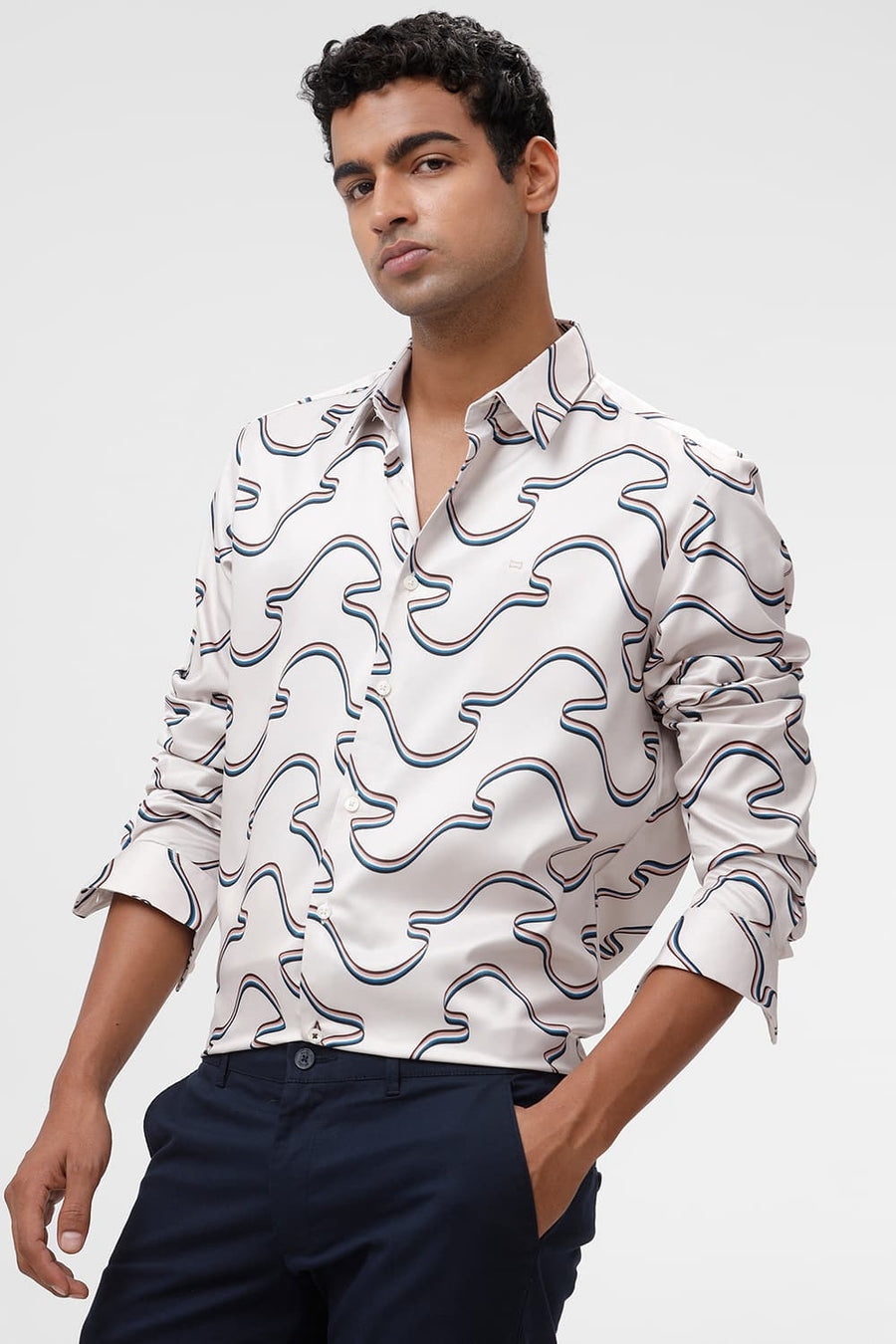 BASICS SLIM FIT BIRCH BEIGE POLYESTER STRETCH TWILL PRINTED SHIRT