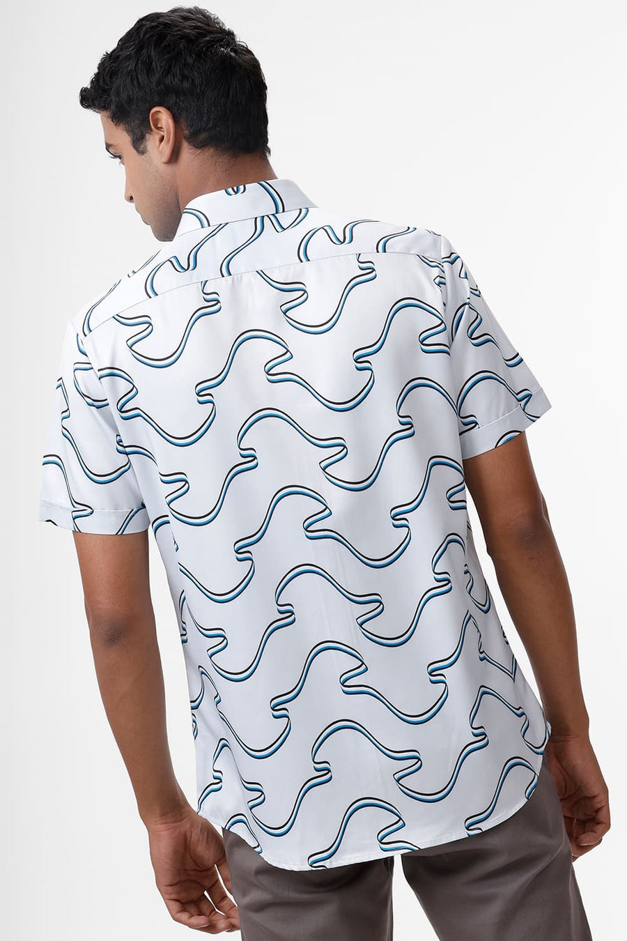 BASICS SLIM FIT PLEIN AIR BLUE POLYESTER STRETCH TWILL PRINTED HALFSLEEVES SHIRT