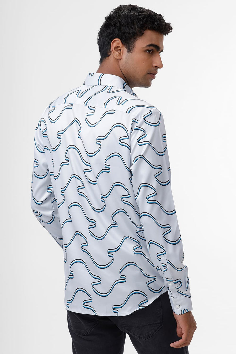 BASICS SLIM FIT PLEIN AIR BLUE POLYESTER STRETCH TWILL PRINTED SHIRT