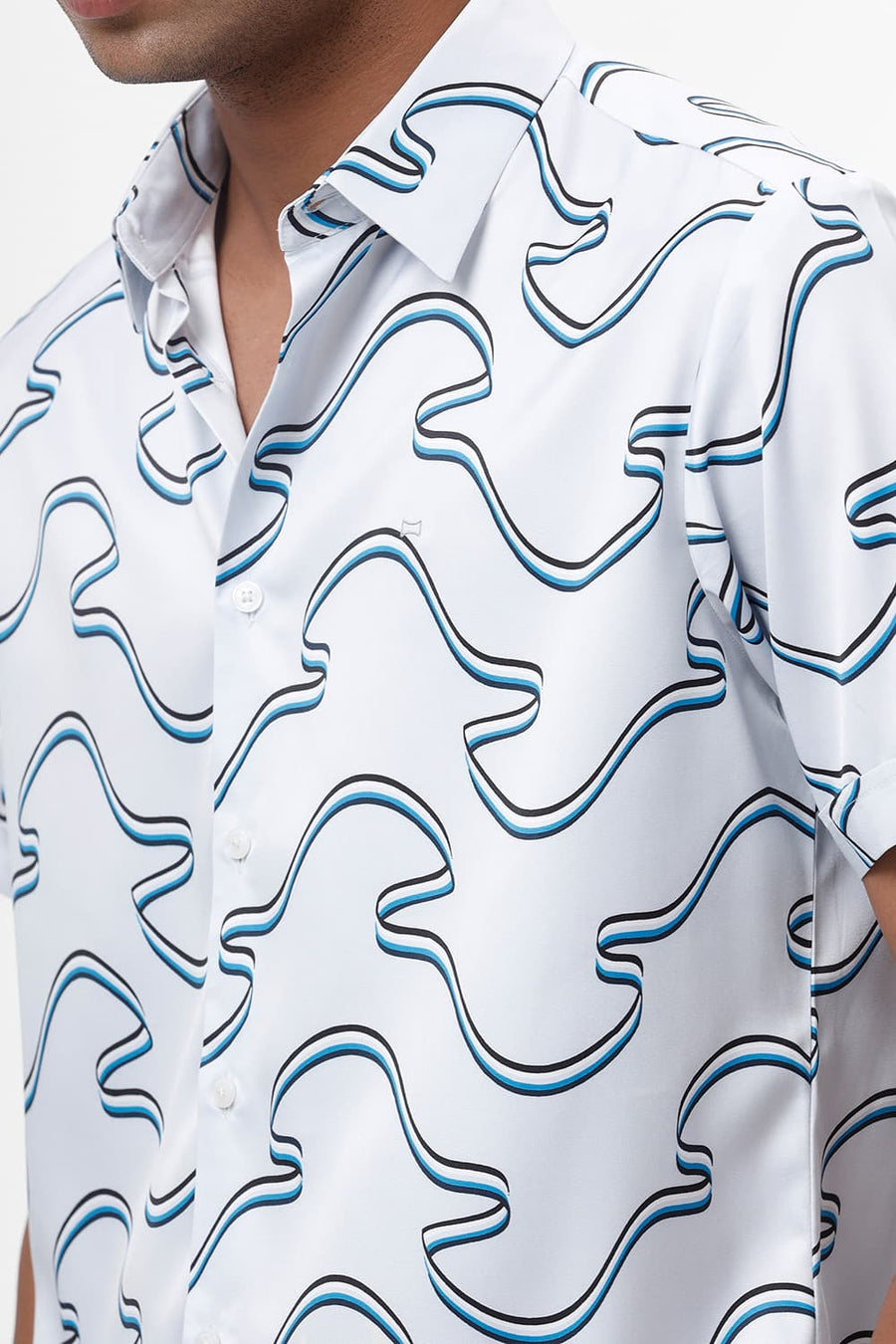 BASICS SLIM FIT PLEIN AIR BLUE POLYESTER STRETCH TWILL PRINTED HALFSLEEVES SHIRT