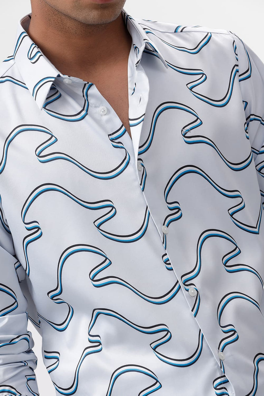 BASICS SLIM FIT PLEIN AIR BLUE POLYESTER STRETCH TWILL PRINTED SHIRT