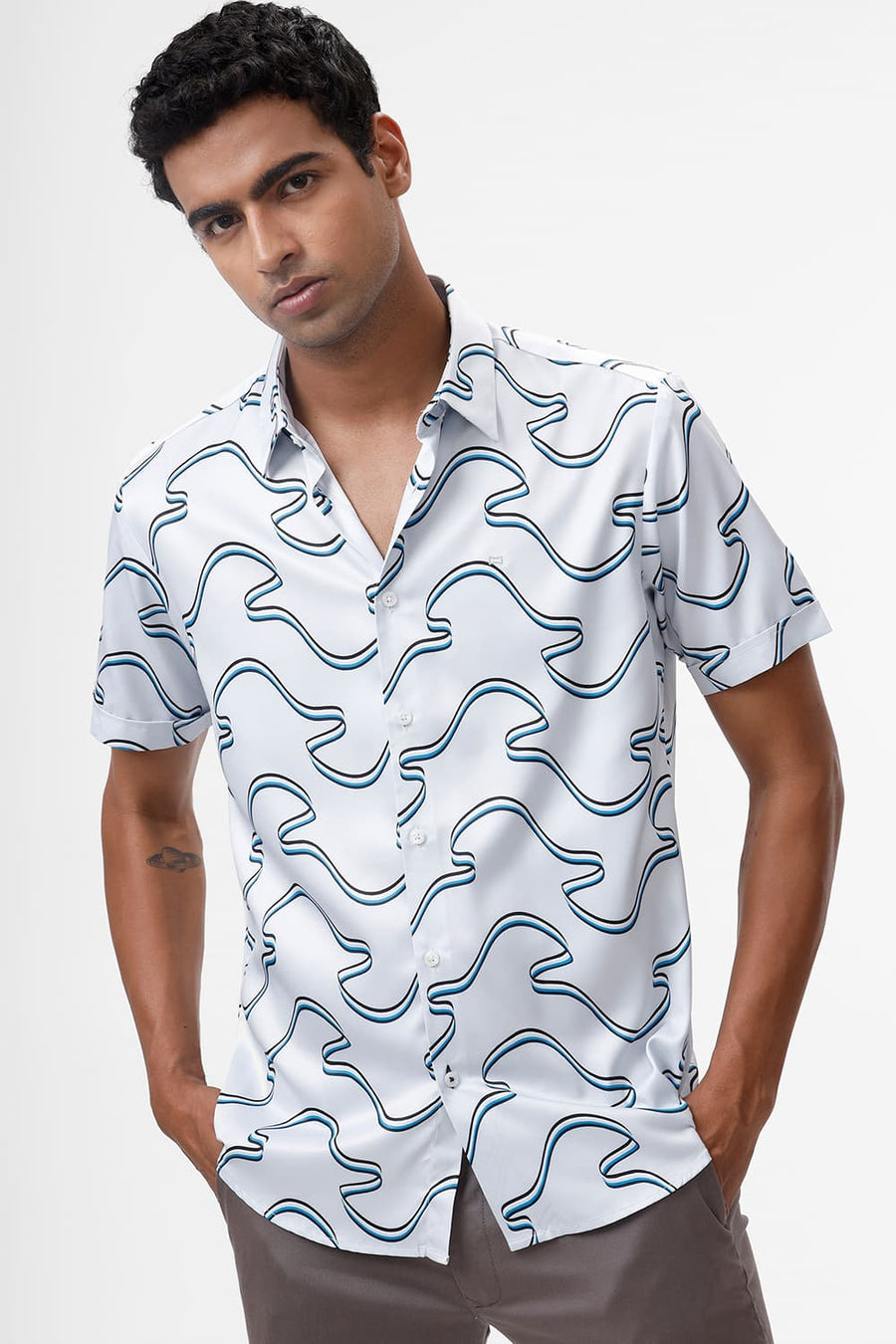 BASICS SLIM FIT PLEIN AIR BLUE POLYESTER STRETCH TWILL PRINTED HALFSLEEVES SHIRT