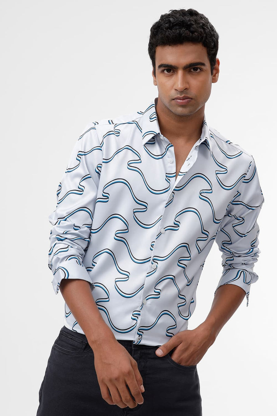 BASICS SLIM FIT PLEIN AIR BLUE POLYESTER STRETCH TWILL PRINTED SHIRT