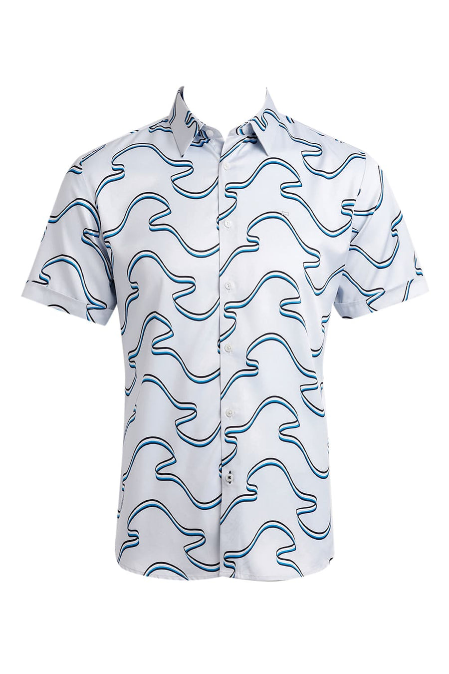 BASICS SLIM FIT PLEIN AIR BLUE POLYESTER STRETCH TWILL PRINTED HALFSLEEVES SHIRT