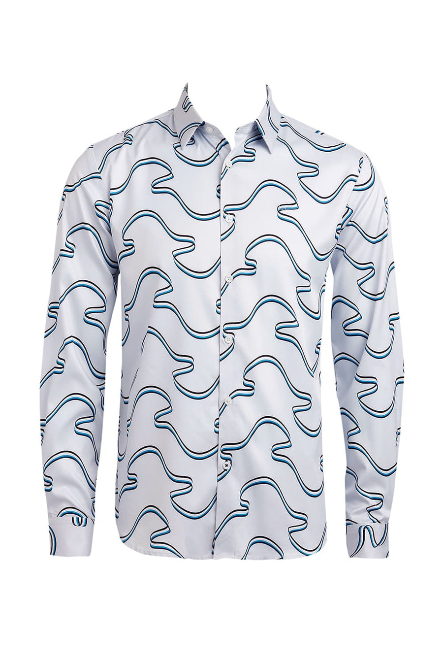BASICS SLIM FIT PLEIN AIR BLUE POLYESTER STRETCH TWILL PRINTED SHIRT