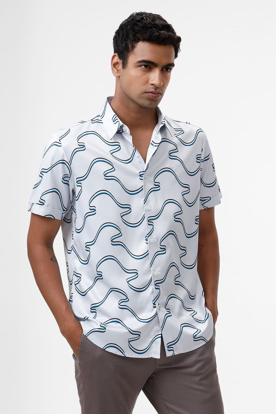 BASICS SLIM FIT PLEIN AIR BLUE POLYESTER STRETCH TWILL PRINTED HALFSLEEVES SHIRT