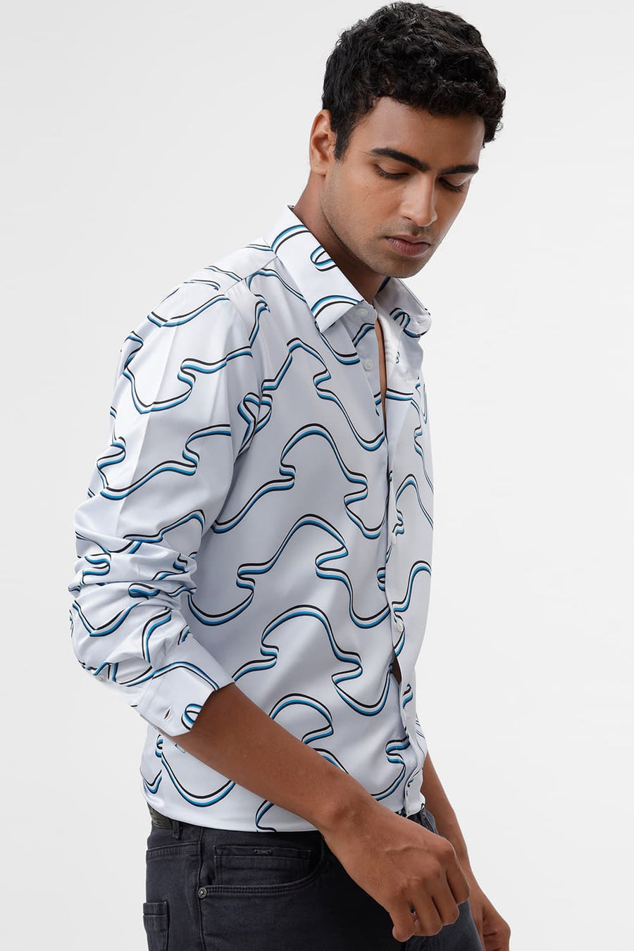 BASICS SLIM FIT PLEIN AIR BLUE POLYESTER STRETCH TWILL PRINTED SHIRT