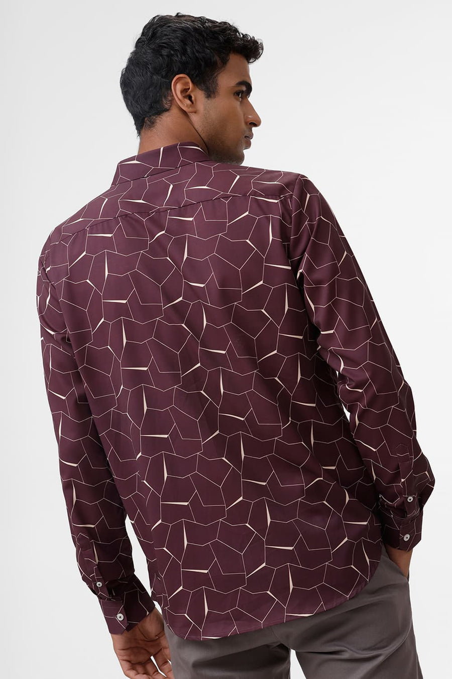 BASICS SLIM FIT PORT WINE POLYESTER PRINTED SHIRT