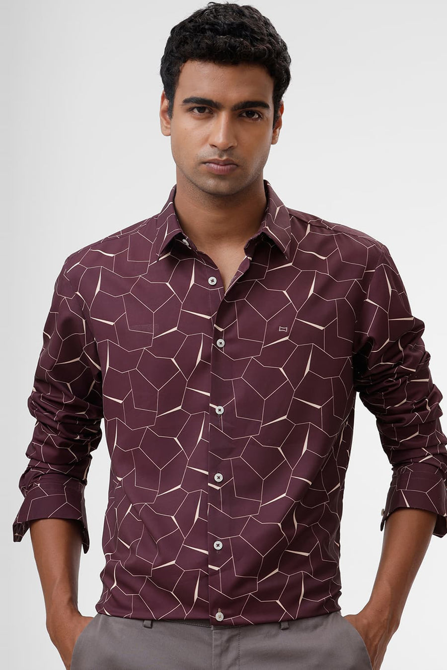 BASICS SLIM FIT PORT WINE POLYESTER PRINTED SHIRT