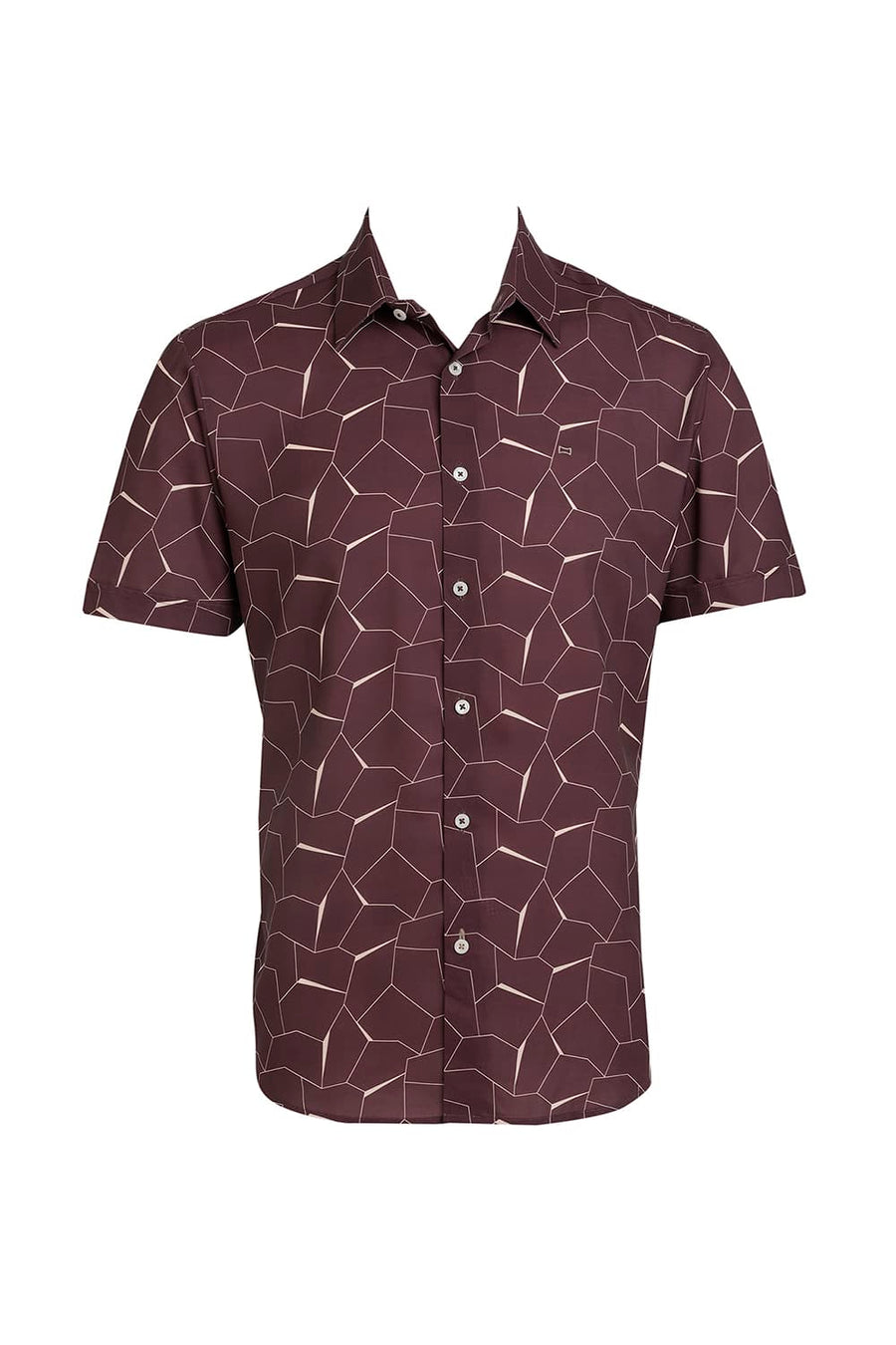 BASICS SLIM FIT PORT WINE POLYESTER PRINTED HALFSLEEVES SHIRT