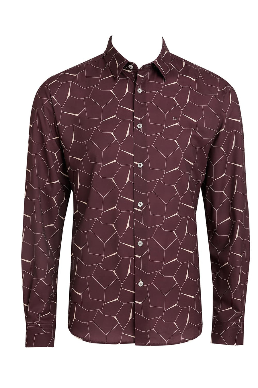 BASICS SLIM FIT PORT WINE POLYESTER PRINTED SHIRT