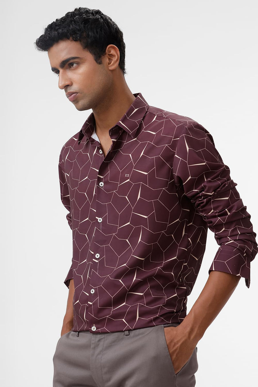 BASICS SLIM FIT PORT WINE POLYESTER PRINTED SHIRT