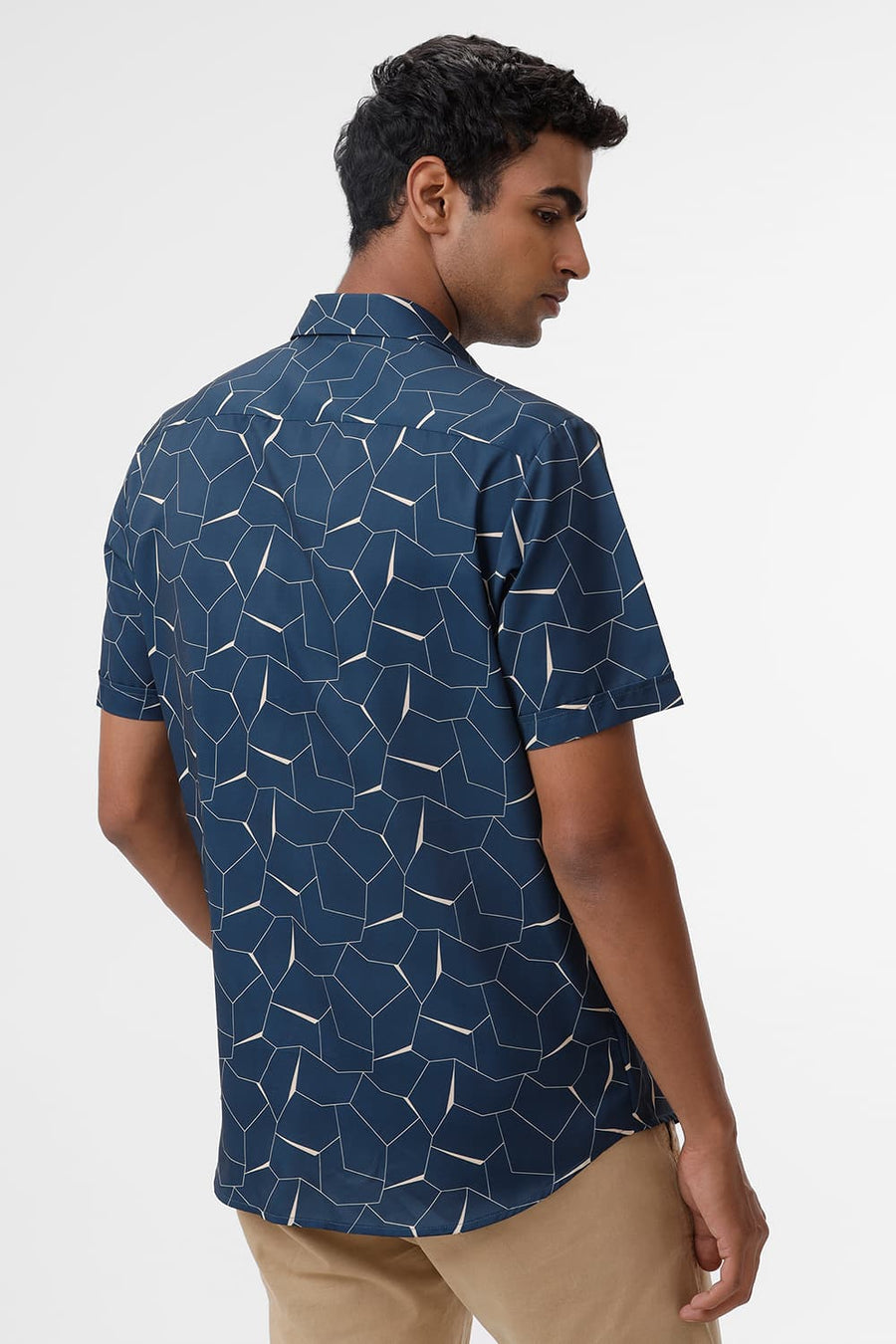 BASICS SLIM FIT MOROCCAN TEAL POLYESTER PRINTED HALFSLEEVES SHIRT
