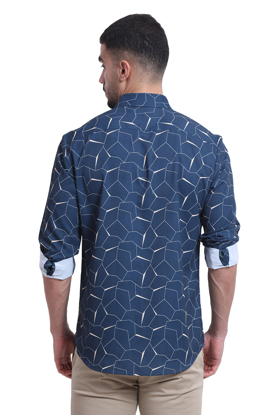 BASICS SLIM FIT MOROCCAN TEAL POLYESTER PRINTED SHIRT