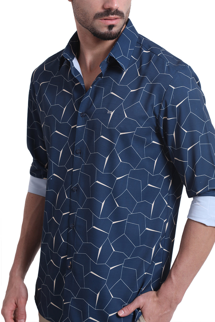 BASICS SLIM FIT MOROCCAN TEAL POLYESTER PRINTED SHIRT