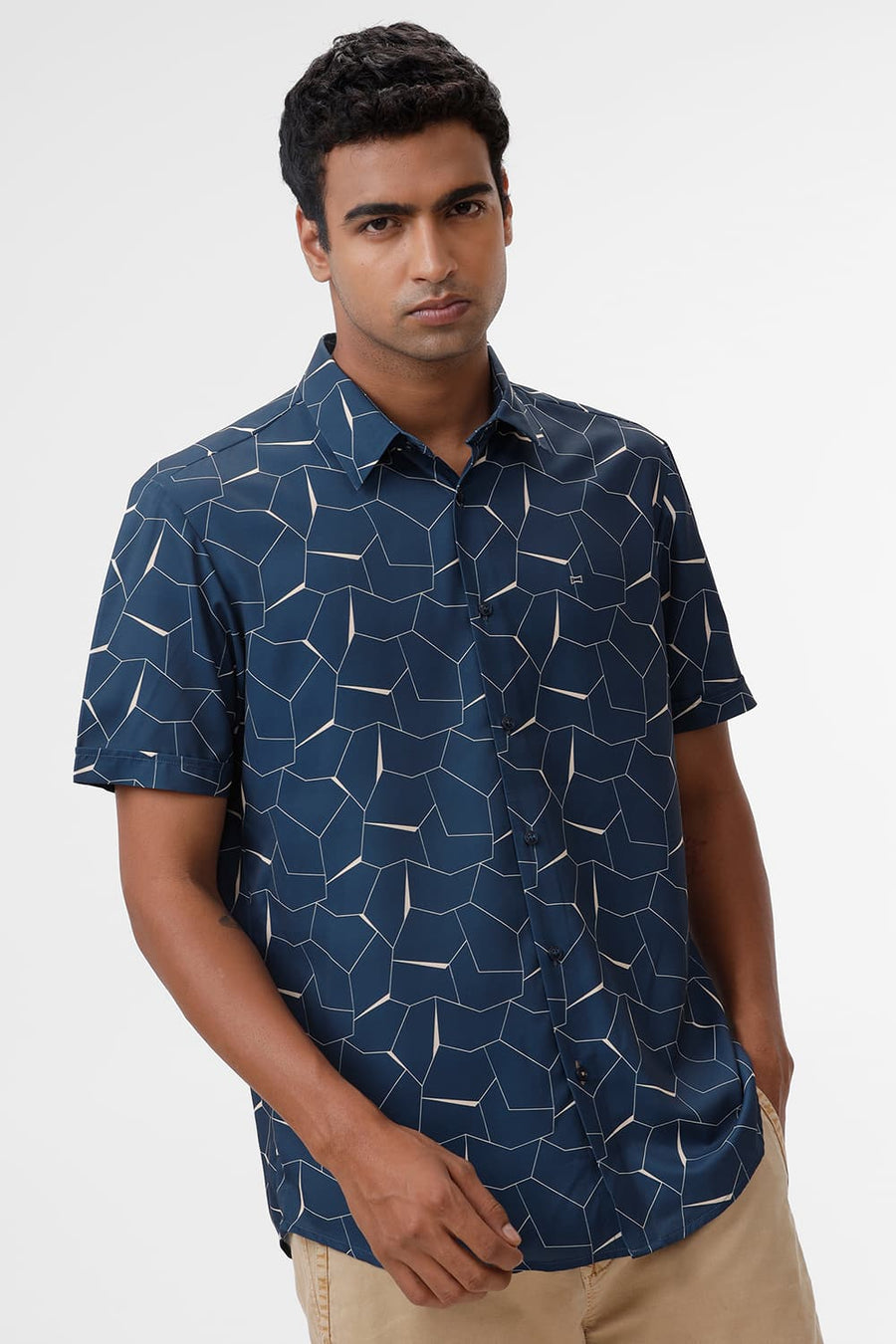 BASICS SLIM FIT MOROCCAN TEAL POLYESTER PRINTED HALFSLEEVES SHIRT