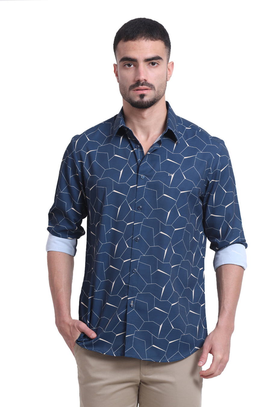 BASICS SLIM FIT MOROCCAN TEAL POLYESTER PRINTED SHIRT
