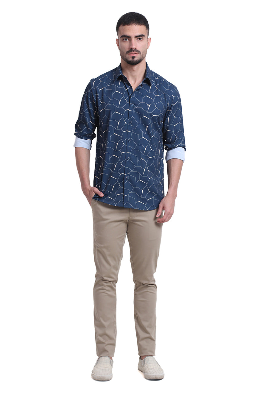 BASICS SLIM FIT MOROCCAN TEAL POLYESTER PRINTED SHIRT