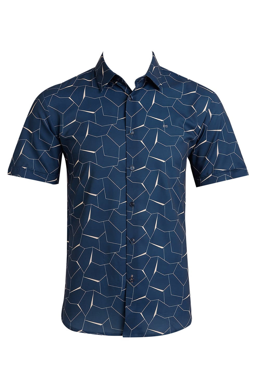 BASICS SLIM FIT MOROCCAN TEAL POLYESTER PRINTED HALFSLEEVES SHIRT