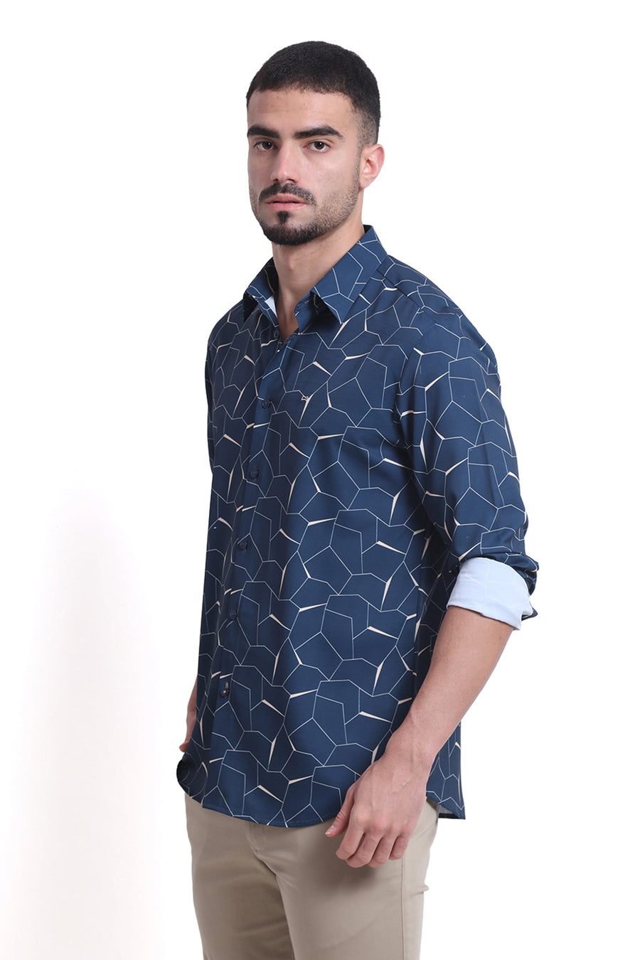 BASICS SLIM FIT MOROCCAN TEAL POLYESTER PRINTED SHIRT