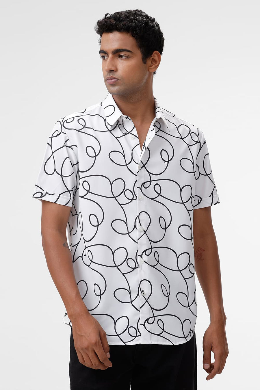 BASICS SLIM FIT LUCENT WHITE POLYESTER PRINTED HALFSLEEVES SHIRT