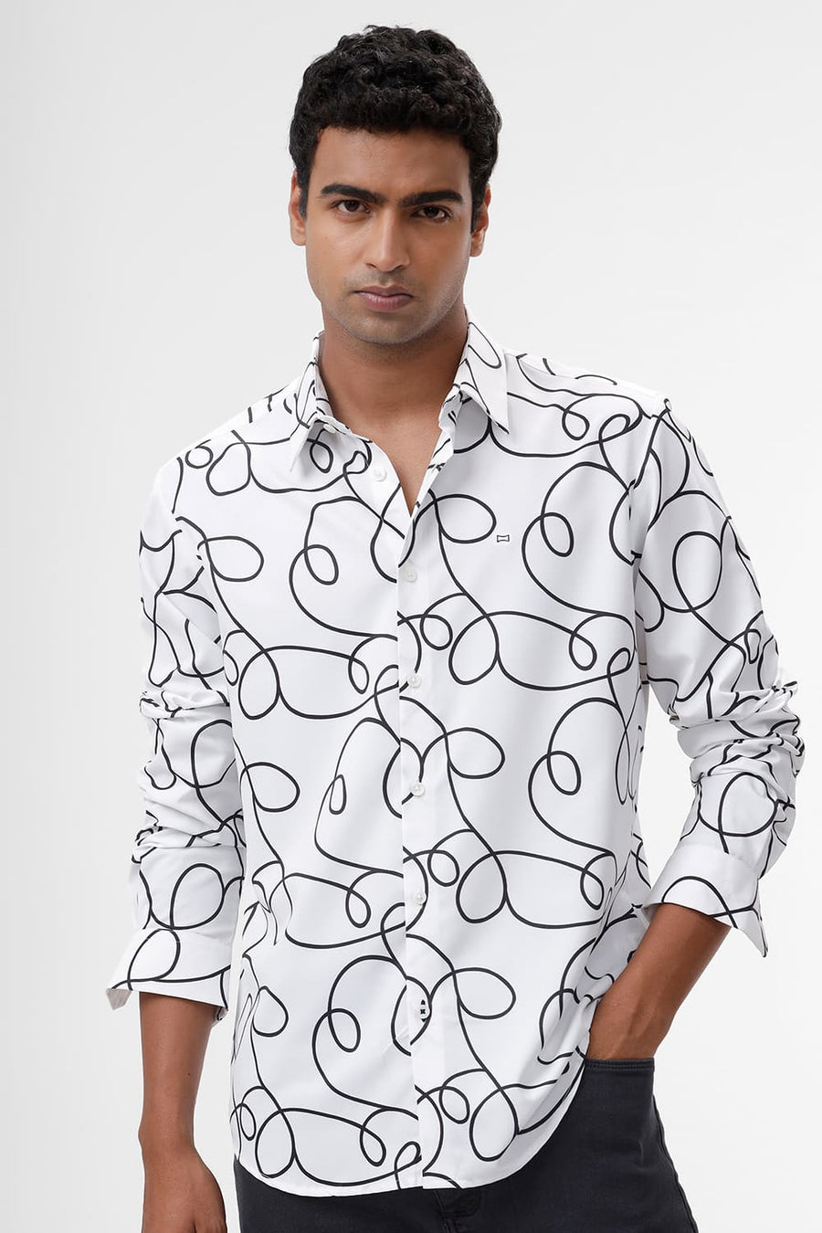 BASICS SLIM FIT LUCENT WHITE POLYESTER PRINTED SHIRT