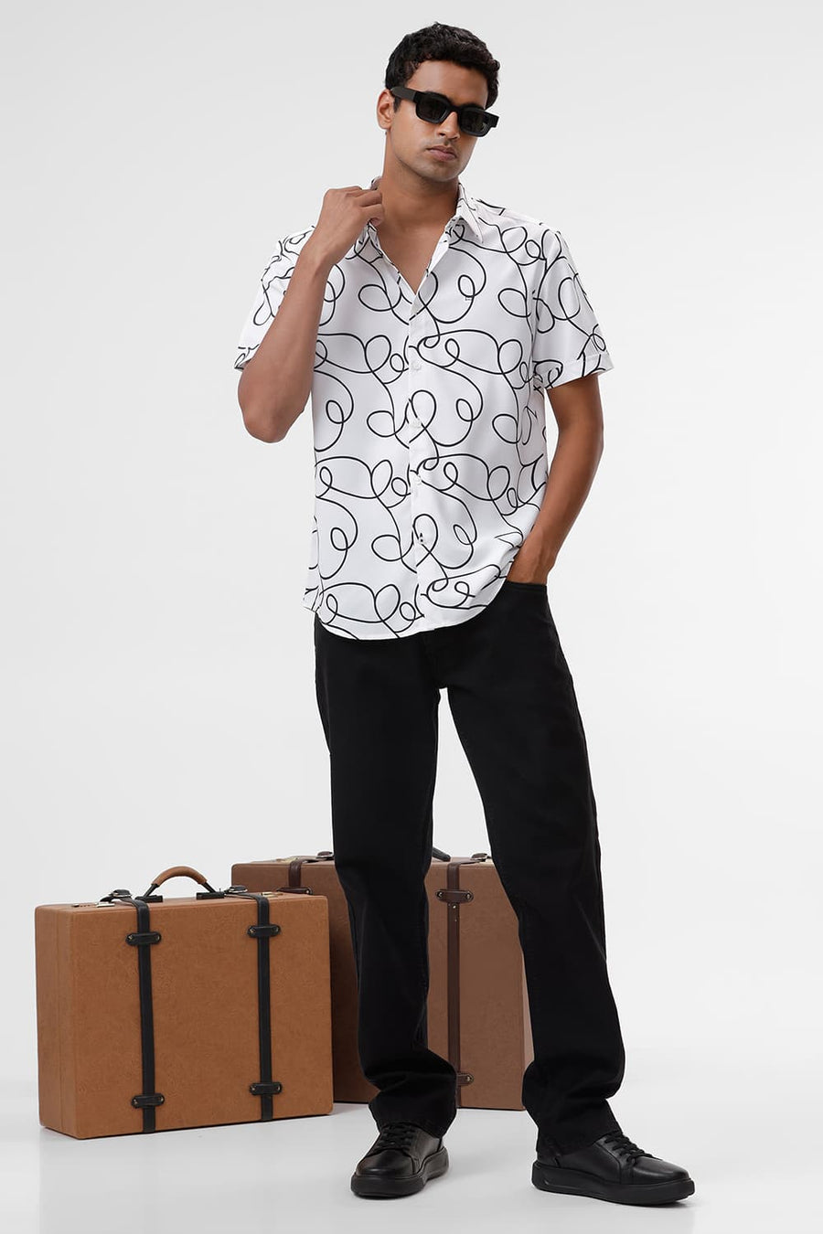 BASICS SLIM FIT LUCENT WHITE POLYESTER PRINTED HALFSLEEVES SHIRT