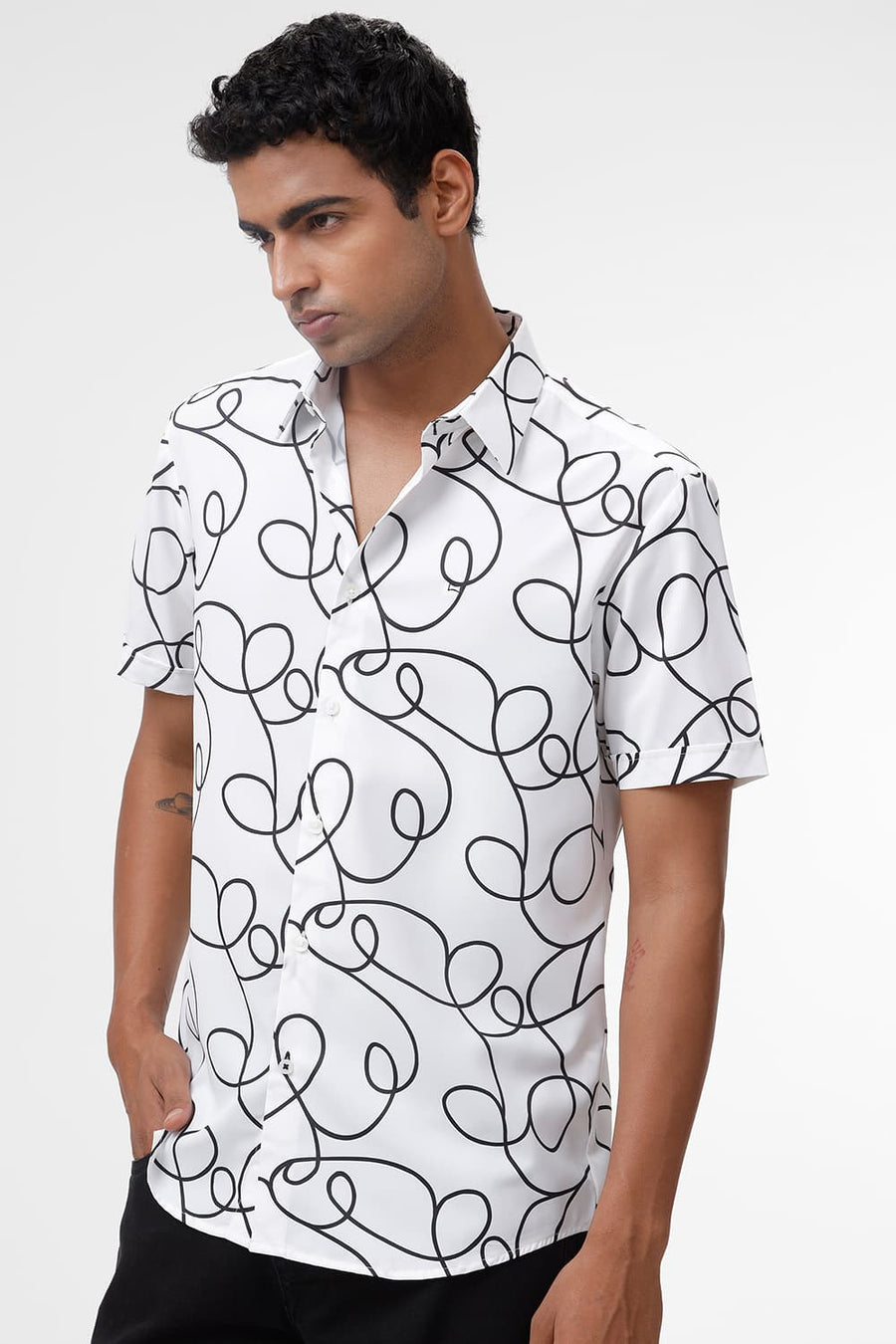 BASICS SLIM FIT LUCENT WHITE POLYESTER PRINTED HALFSLEEVES SHIRT