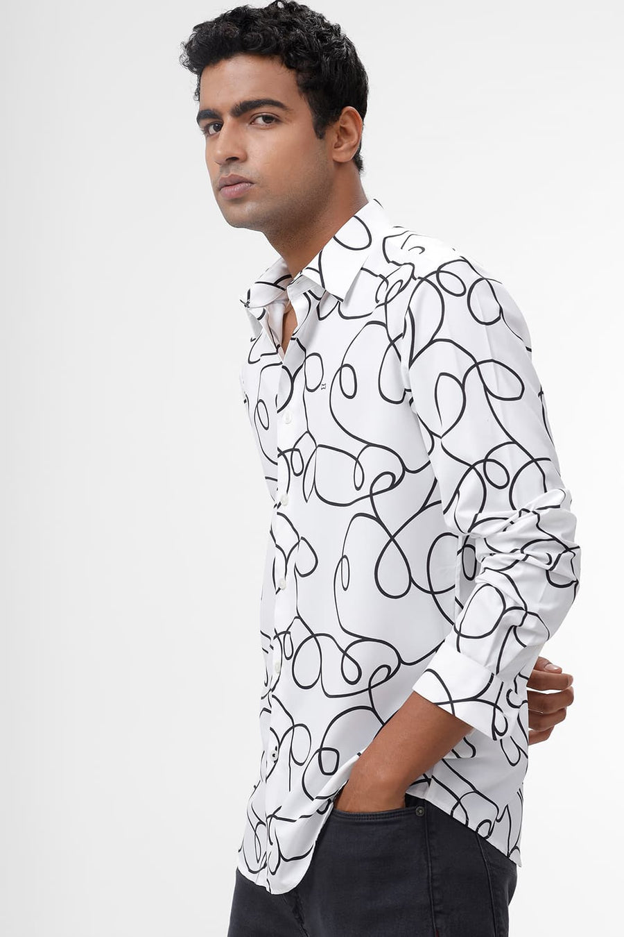 BASICS SLIM FIT LUCENT WHITE POLYESTER PRINTED SHIRT